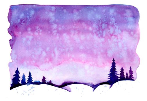 Watercolor christmas winter landscape with snow and trees. Xmas pine and fir. Illustration with snowing for print, texture, wallpaper, background, greeting card. Purple violet color. watercolour.