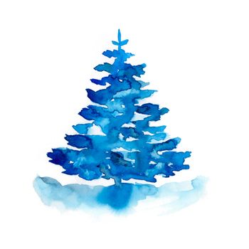 Watercolor winter blue christmas tree isolated on white background. Hand painting Illustration for print, texture, wallpaper or element. Beautiful watercolour art. Minimal style.