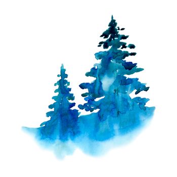 Watercolor winter snow forest isolated on white background. Treescape with pine and fir Illustration landscape for print, texture, wallpaper, greeting card. Blue and green color Beautiful watercolour.