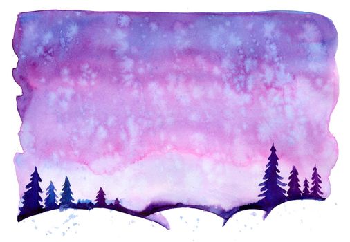 Watercolor christmas winter landscape with snow and trees. Treescape with pine and fir. Illustration landscape for print, texture, wallpaper, greeting card. Blue color. Beautiful nature watercolour.