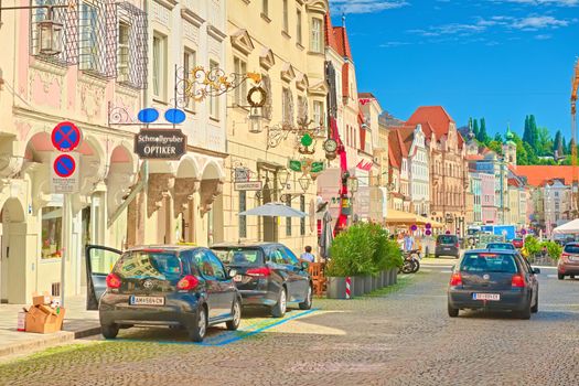 Steyr - June 2020, Austria: View of the main street with beautiful colorful buildings in the traditional architectural style