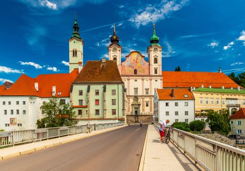 Steyr - June 2020, Austria: View of the Steyr Bridge with and St. Michael's Church