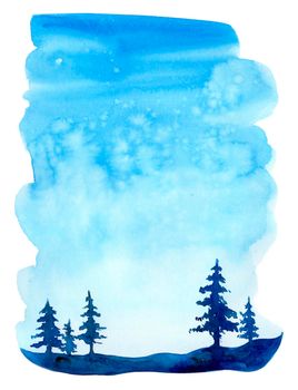 Watercolor christmas winter landscape with snow and trees. Treescape with pine and fir. Illustration landscape for print, texture, wallpaper, greeting card. Blue color. Beautiful nature watercolour.