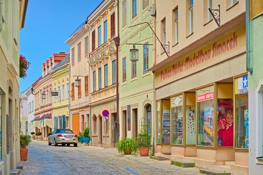 Steyr - June 2020, Austria: View of a narrow street with colorful buildings in traditional architectural style in the small Austrian city of Steyr