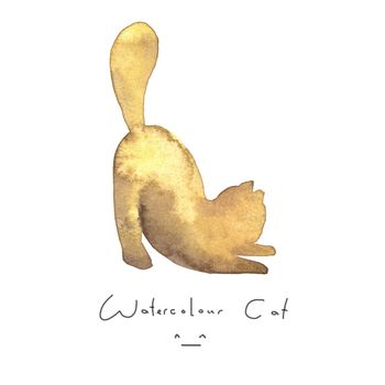 Watercolour yellow cat isolated on white background. Cute simple animal hand drawn. Illustration style. Sign or symbol of a kitten. Paint element. Watercolor happy pet. Kids image