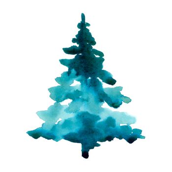 Watercolor winter christmas tree isolated on white background. Hand painting Illustration element for print, texture, wallpaper or greeting card. Blue and green color. Beautiful watercolour art