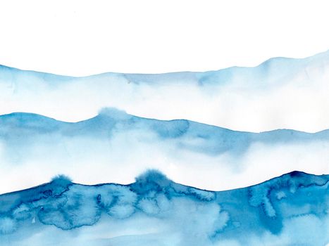 Watercolor blue winter snowing background, Look like wave and sea. Original painting on watercolour paper. Illustration for decoration element. Backdrop with ocean water. Minimalism, monochromatic.