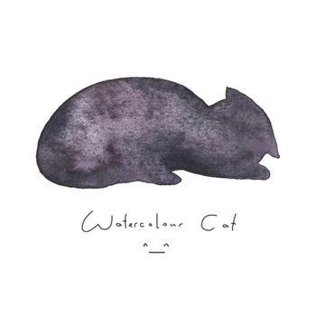 Watercolour gray black cat isolated on white background. Cute simple animal hand drawn. Illustration style. Sign or symbol of a kitten. Paint element. Watercolor happy pet. Kids image