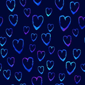 Watercolor Brush Heart Seamless Pattern Love Grange Hand Painted Design in Blue Color. Modern Grung Collage Background for kids fabric and textile.