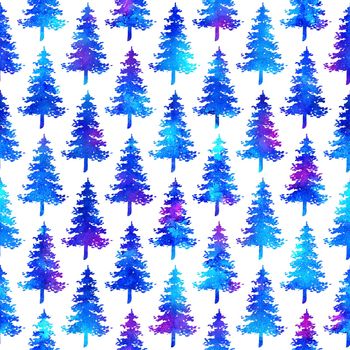 XMAS watercolour Fir Tree Seamless Pattern in Blue Color on white background. Hand-Painted Watercolor Spruce Pine tree wallpaper for Ornament, Wrapping or Christmas Decoration.