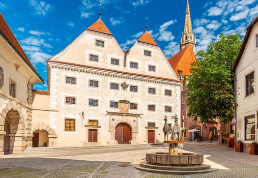 Steyr - June 2020, Austria: View of the Grunmarkt (Green Market) square and the Landesausstellung building (National Exhibition)