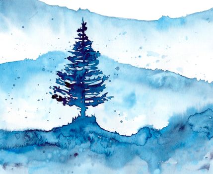 Watercolor winter forest and blue background. Hand painting Illustration for print, texture, wallpaper or element. Beautiful watercolour wood isolated on white background