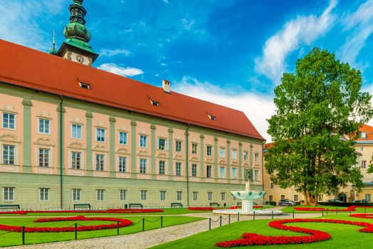 Klagenfurt - June 2020, Austria: View of the Landhaus (Country House) building and park in the Austrian city of Klagenfurt