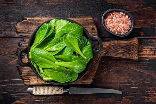 Baby romain green salad leaves in pan. Dark wooden background. Top view.