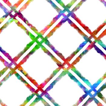 Watercolor Brush Plaid Seamless Pattern Grange Check Geometric Design in Rainbow Color. Modern Strokes Grung Collage Background for kids fabric and textile.