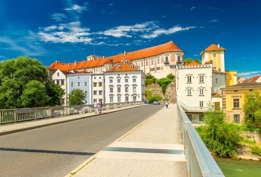 Steyr - June 2020, Austria: View of the main street of Steyr and the Lamberg Castle on the hill