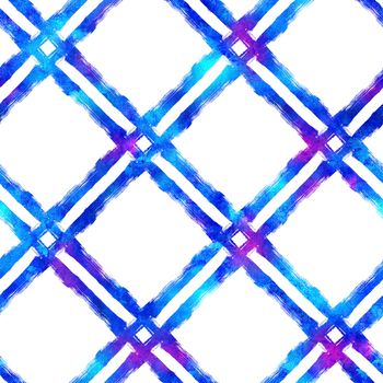 Watercolor Brush Plaid Seamless Pattern Hand Painted Check Grange Geometric Design in Blue Color. Modern Strokes and Stripes.