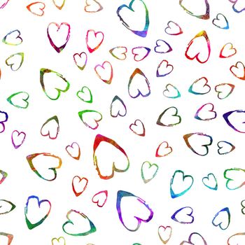 Watercolor Brush Heart Seamless Pattern Love Grange Hand Painted Design in Rainbow Color. Modern Grung Collage Background for kids fabric and textile.