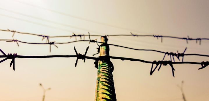 Barbed wire. Barbed wire on fence with blue sky to feel worrying. The silhouette of the old barbed wire fence and the sky at twilight