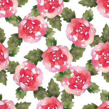 Vintage floral seamless pattern with rose flowers and leaf. Print for textile wallpaper endless. Hand-drawn watercolor elements. Beauty bouquets. Pink, red. green on white background. Female