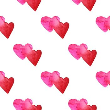 Watercolor hand painted pattern with hearts. Aquarelle romantic hand made background for fabric print, paper card, textile, fashion on white background. Valentine's day, Wedding, Birthday, Love.