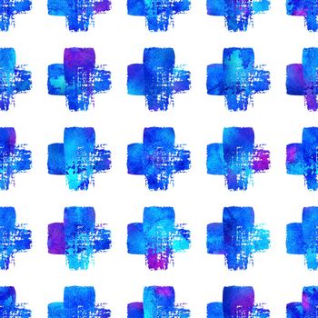 Watercolor Brush Cross Seamless Pattern Grange Geometric Design in Blue Color. Modern Grung Collage Background.