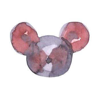 Mouse watercolour illustration. Funny icon of animal. Grey rat with pink ears isolated on white background. 2020 new year painting symbol. Drawing art object for design.