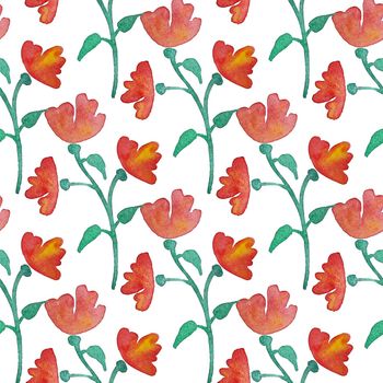Vintage floral seamless pattern with red flowers and leaf. Print for textile wallpaper endless. Hand-drawn watercolor elements. Beauty bouquets. Leaves green on white background. Female