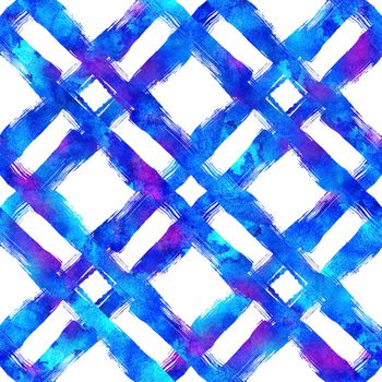 Watercolor Brush Plaid Seamless Pattern Hand Painted Check Grange Geometric Design in Blue Color. Modern Strokes and Stripes.