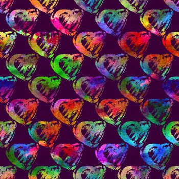 Brush Stroke Heart Love Geometric Grung Pattern Seamless in Rainbow Color Background. Gunge Collage Watercolor Texture for Teen and School Kids Fabric Prints Grange Design.