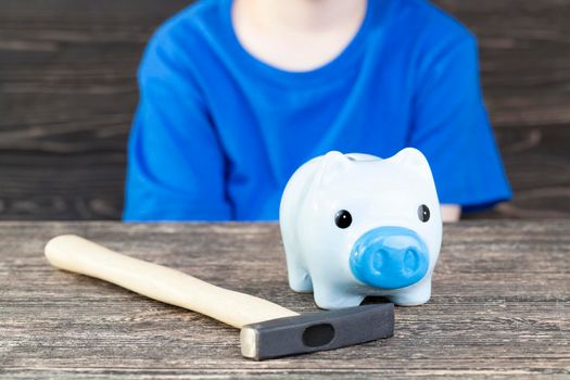a small five-year-old boy wants to break his piggy bank with a hammer to get his coin savings, closeup