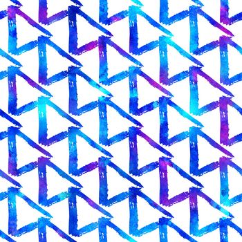 seamless pattern brush triangles . Blue color on white background. Hand painted grange texture. Ink geometric elements. Surface kid style. Repeat fantasy plaid fabric print. Watercolor.