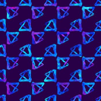 seamless pattern brush triangles . Blue color on violet background. Hand painted grange texture. Ink geometric elements. Fashion modern style. Endless fantasy plaid fabric print Watercolor.