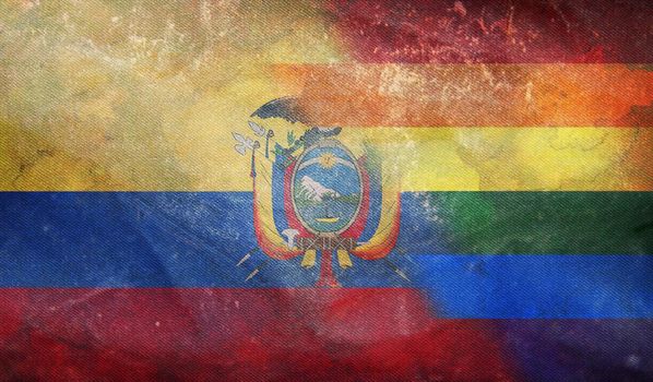 Top view of national lgbt retro flag of Ecuador with grunge texture, no flagpole. Plane design, layout. Flag background. Freedom and love concept, Pride month. activism, community and freedom