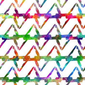 seamless pattern brush colorful triangle. Rainbow color on white background. Hand painted grange texture. Ink geometric elements. Fashion modern style. Endless fantasy plaid fabric print. Watercolor.