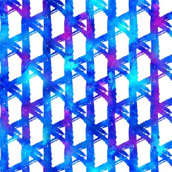 seamless pattern brush triangles . Blue color on white background. Hand painted grange texture. Ink geometric elements. Surface kid style. Repeat fantasy plaid fabric print. Watercolor.