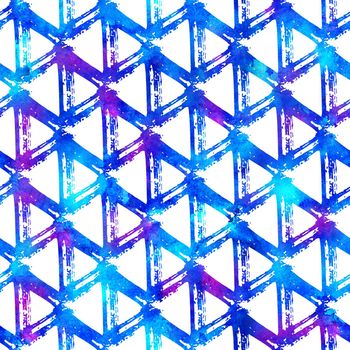 seamless pattern brush triangles . Blue color on white background. Hand painted grange texture. Ink geometric elements. Surface kid style. Repeat fantasy plaid fabric print. Watercolor.