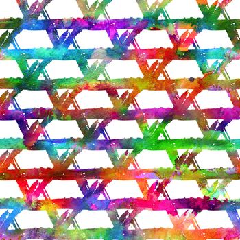 seamless pattern brush colorful triangle. Rainbow color on white background. Hand painted grange texture. Ink geometric elements. Fashion modern style. Endless fantasy plaid fabric print. Watercolor.