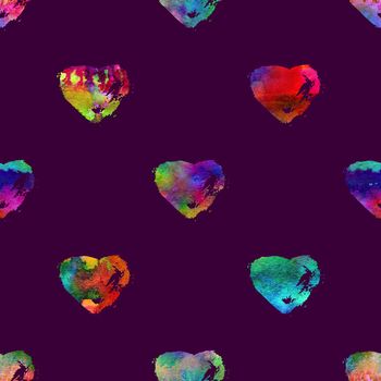 seamless pattern with brush hearts. Rainbow color on violet background. Hand painted grange texture. Ink grange elements. Decorative ornament of love sign. Repeat fabric print