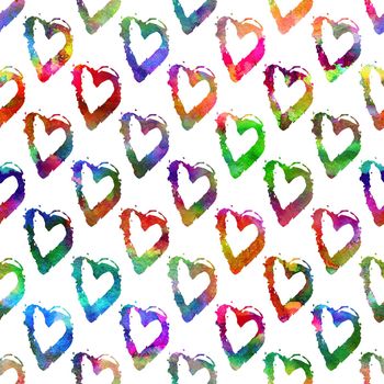 seamless pattern with brush hearts. Rainbow color on white background. Hand painted grange texture. Ink grange elements. Decorative ornament of love sign. Repeat fabric print