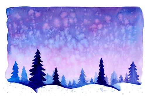 Watercolor christmas winter landscape with snow and trees. Treescape with pine and fir. Illustration landscape for print, texture, wallpaper, greeting card. Blue color. Beautiful nature watercolour.