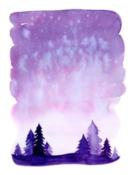 Watercolor christmas winter landscape with snow and trees. Xmas pine and fir. Illustration with snowing for print, texture, wallpaper, background, greeting card. Purple violet color. watercolour.