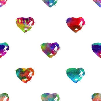 seamless pattern with brush hearts. Rainbow color on white background. Hand painted grange texture. Ink grange elements. Decorative ornament of love sign. Repeat fabric print