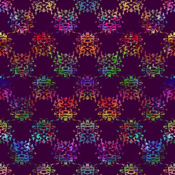 seamless pattern with brush dots and spots. Rainbow color on violet background. Hand painted grange texture. Ink messy elements. Kid child style. Repeat fabric print. Swirl.