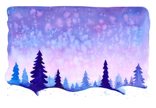 Watercolor christmas winter landscape with snow and trees. Treescape with pine and fir. Illustration landscape for print, texture, wallpaper, greeting card. Blue color. Beautiful nature watercolour.