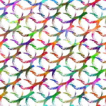 seamless pattern with brush circle and round. Rainbow color on white background. Hand painted grange texture. Ink geometric elements. Fashion modern style. Repeat fabric print