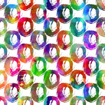 seamless pattern with brush circle and round. Rainbow color on white background. Hand painted grange texture. Ink geometric elements. Fashion modern style. Repeat fabric print