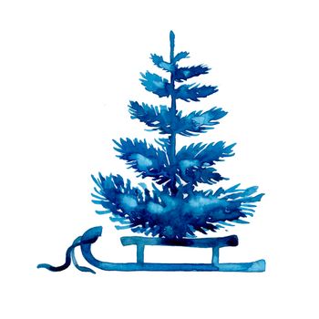 Watercolor winter christmas tree isolated on white background. Hand painting Illustration spruce for print, texture, wallpaper or greeting card. Blue color. Beautiful watercolour art. Pine tree.