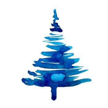 Watercolor winter christmas tree isolated on white background. Hand painting Illustration spruce for print, texture, wallpaper or greeting card. Blue color. Beautiful watercolour art. Pine tree.