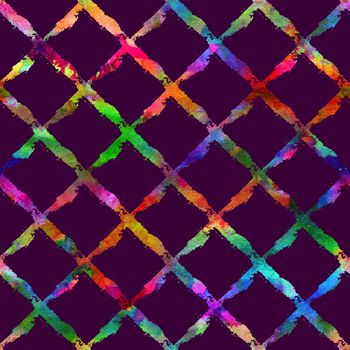 seamless pattern with brush stripe plaid. Rainbow watercolor color on violet background. Drawing native grange texture. Ink geometric elements. Repeat fabric print. Overlay backdrop for cloth, art